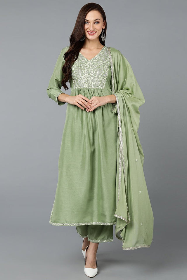 Sea Green Silk Blend Straight Kurti Pant With Dupatta