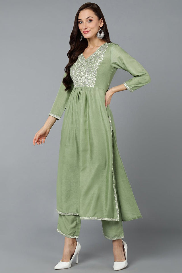 Sea Green Silk Blend Straight Kurti Pant With Dupatta