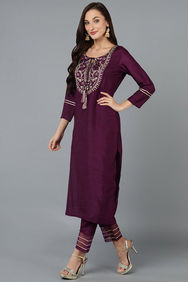 Purple Silk Blend Embroidered Straight Kurti Pant With Dupatta