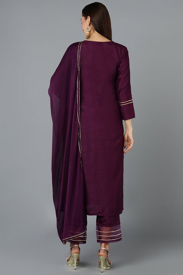 Purple Silk Blend Embroidered Straight Kurti Pant With Dupatta