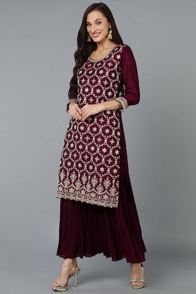 Maroon Silk Blend Embroidered Straight Sharara Suit Set