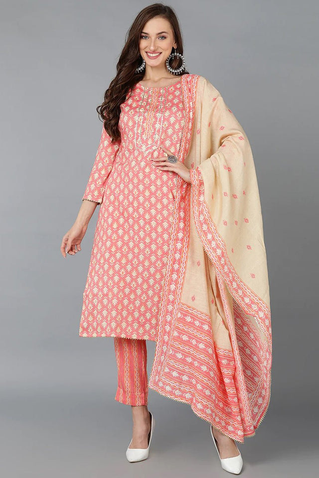 Pink Cotton Printed Kurti Pant Dupatta Set