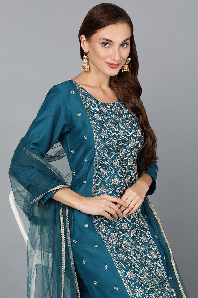 Teal Silk Blend Blue Festive Wear Suit Set