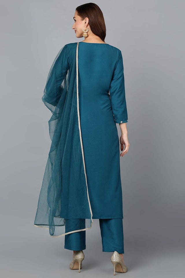 Teal Silk Blend Blue Festive Wear Suit Set