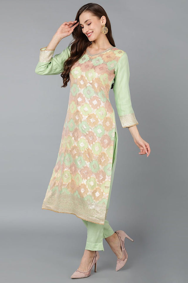 Green Poly Chanderi Straight Kurti Pant With Dupatta