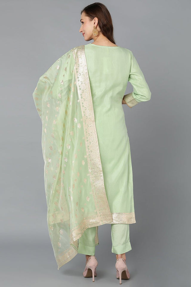Green Poly Chanderi Straight Kurti Pant With Dupatta