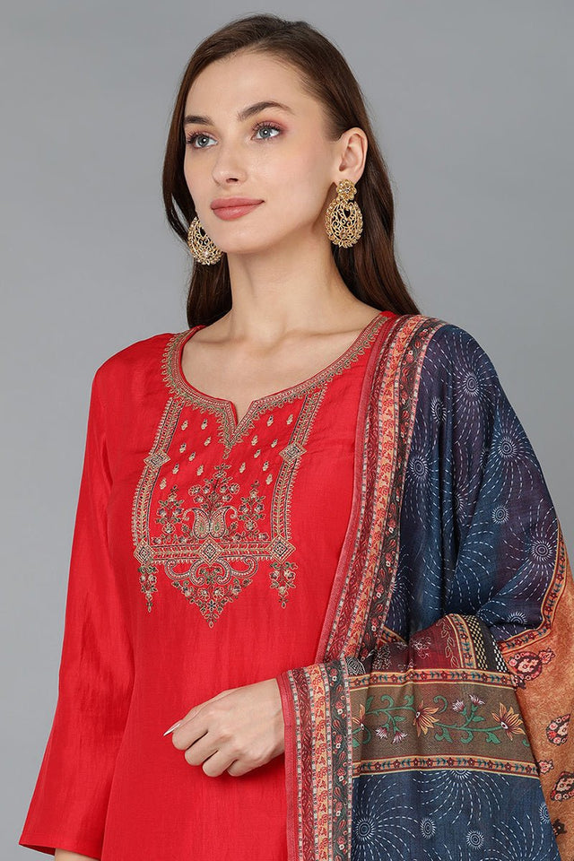 Red Silk Blend Embroidered Straight Kurti Pant With Dupatta