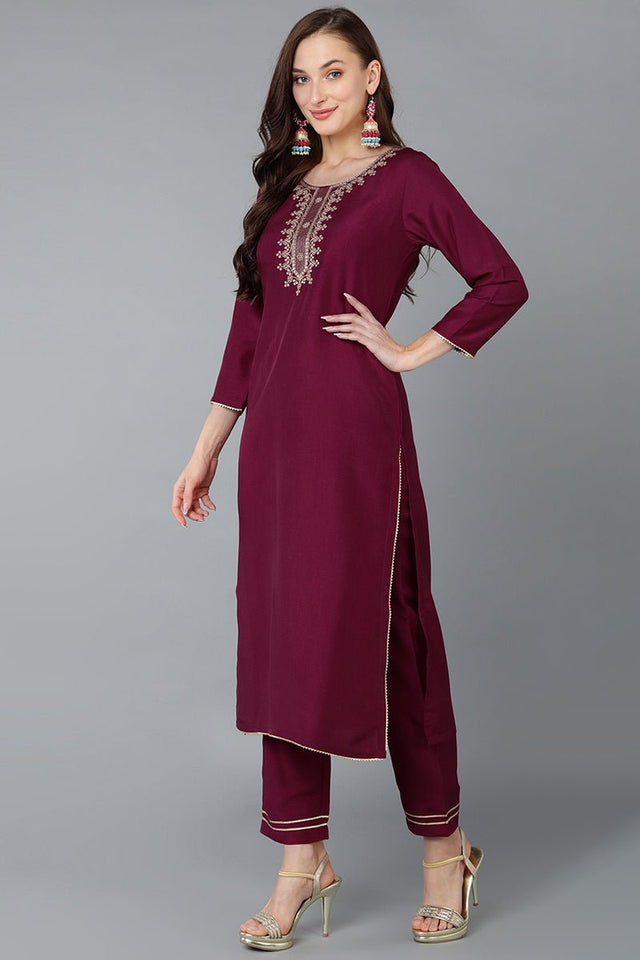 Burgundy Silk Blend Embroidered Straight Kurti Pant With Dupatta
