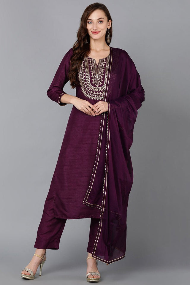 Purple Silk Blend Embroidered Straight Kurti Pant With Dupatta