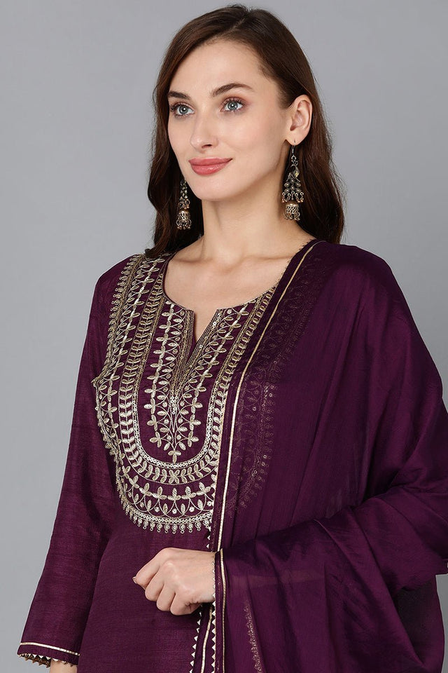Purple Silk Blend Embroidered Straight Kurti Pant With Dupatta