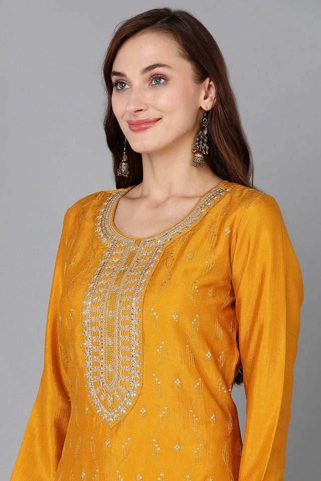 Mustard Silk Blend Embroidered Straight Kurti Pant With Dupatta