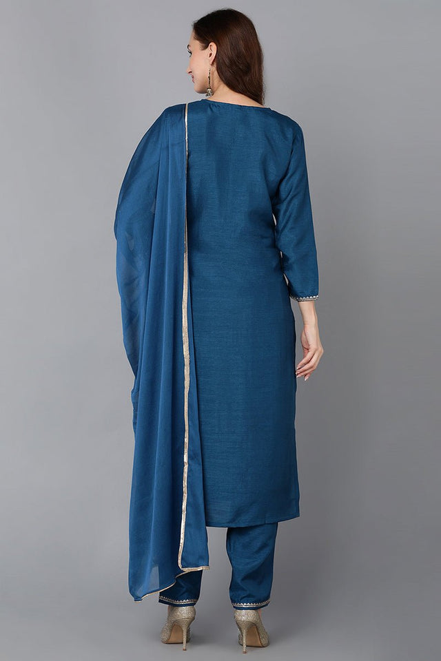 Teal Silk Blend Embroidered Straight Kurti Pant With Dupatta