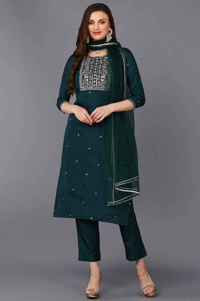 Green Silk Blend Rogan Work Straight Suit Set