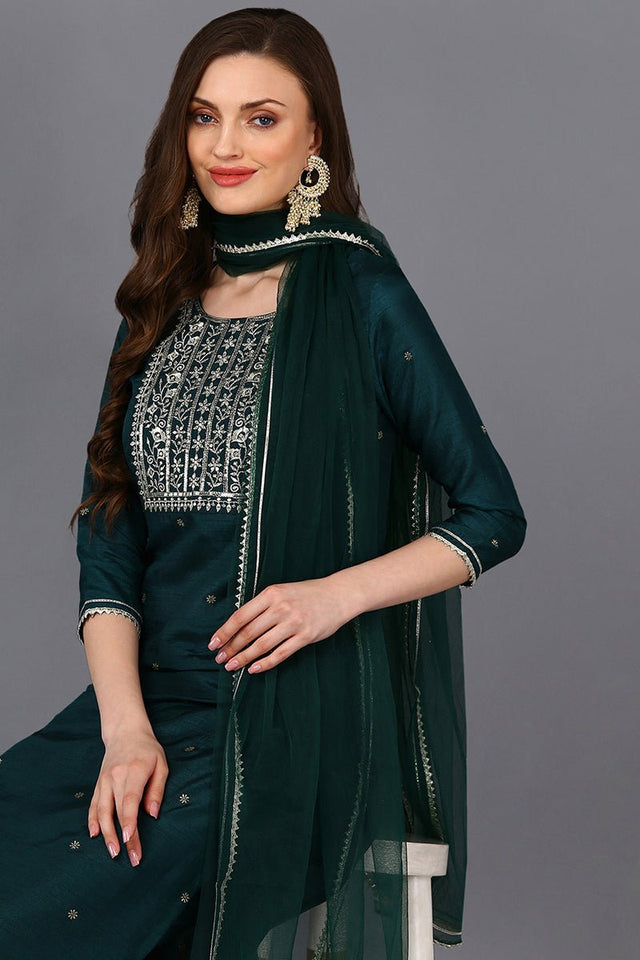 Green Silk Blend Rogan Work Straight Suit Set