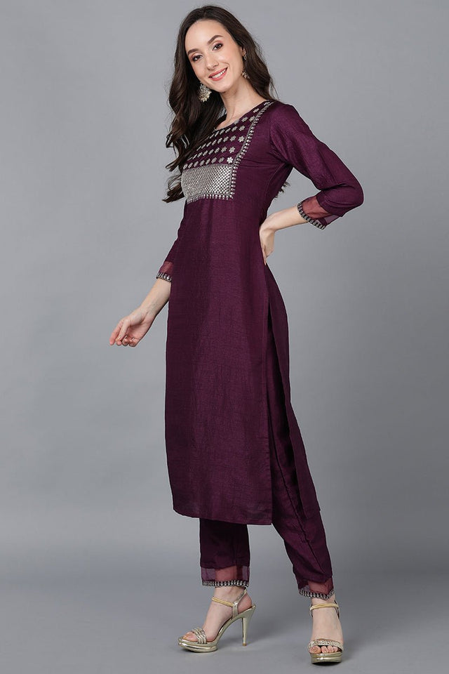 Purple Poly Silk Solid Straight Suit Set