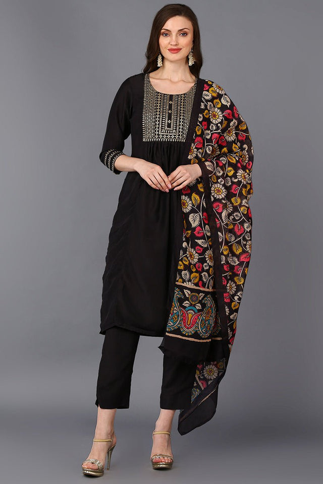 Black Silk Blend Solid Straight Suit Set