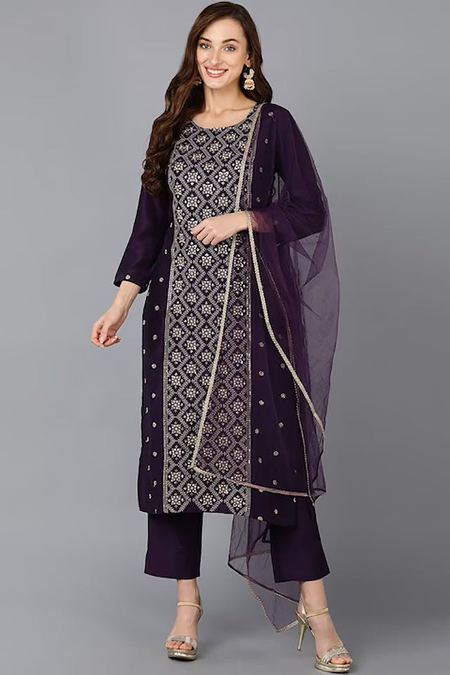 Purple Silk Blend Ethnic Motifs Straight Suit Set