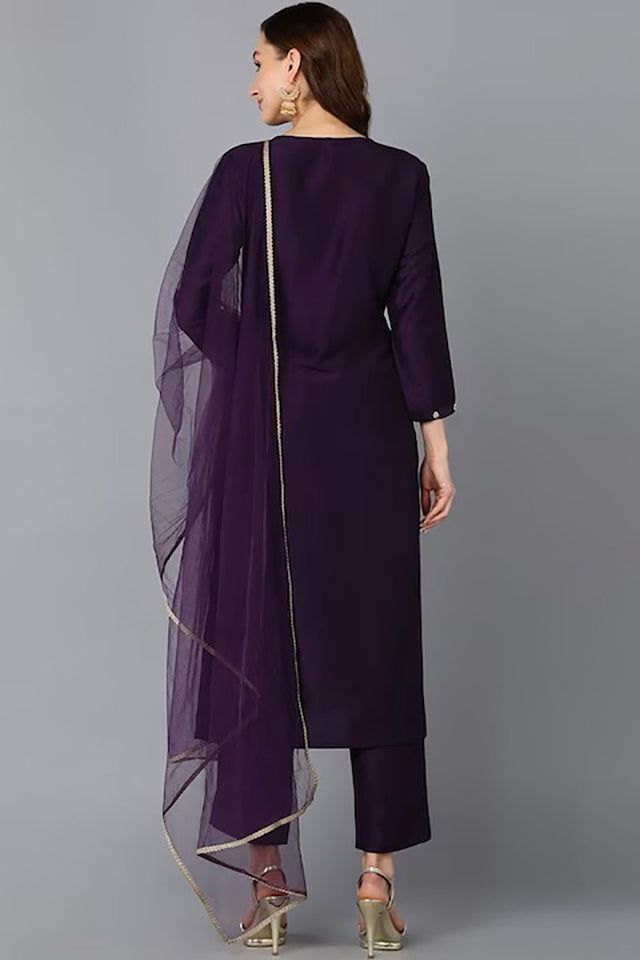 Purple Silk Blend Ethnic Motifs Straight Suit Set