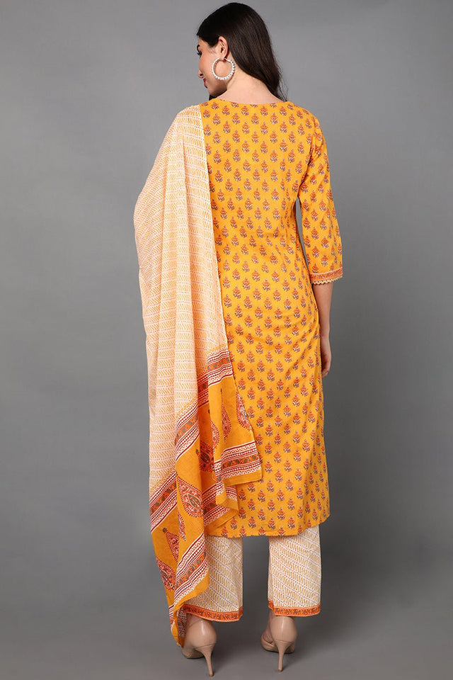 Yellow Cotton Ethnic Motifs Straight Suit Set