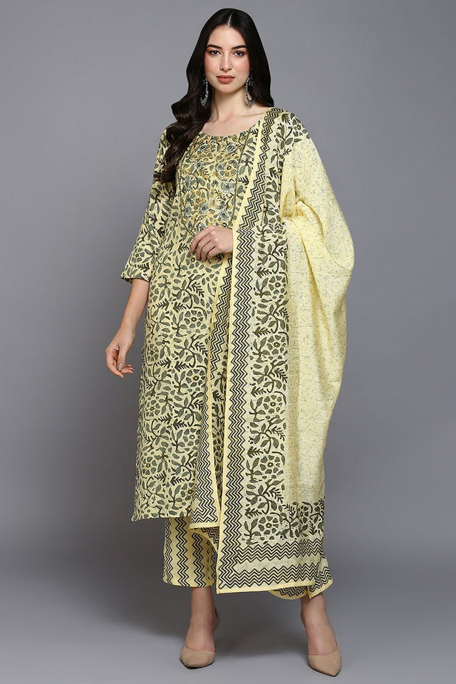 Yellow Silk Blend Floral Straight Suit Set