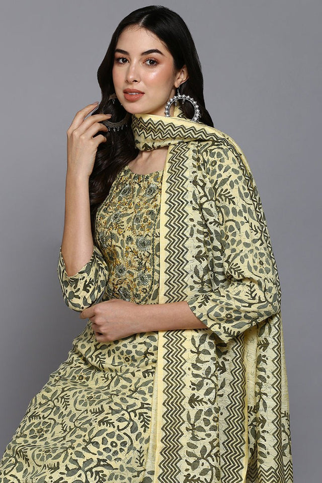 Yellow Silk Blend Floral Straight Suit Set