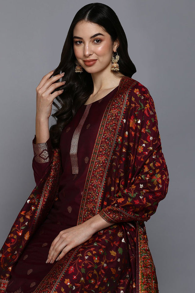 Burgundy Silk Blend Ethnic Straight Suit Set