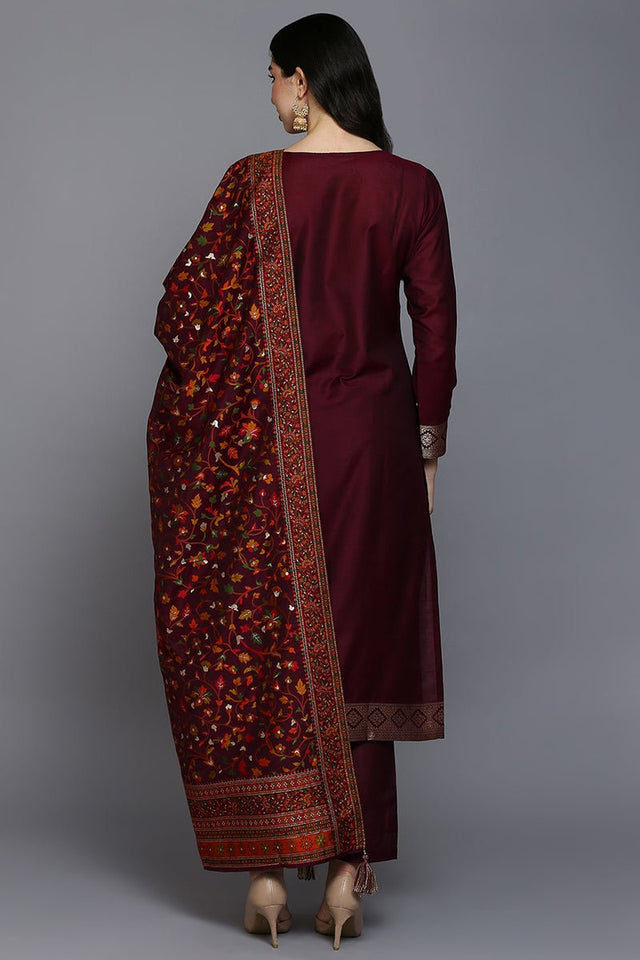 Burgundy Silk Blend Ethnic Straight Suit Set