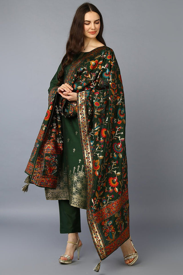 Green Silk Blend Ethnic Motifs Straight Suit Set
