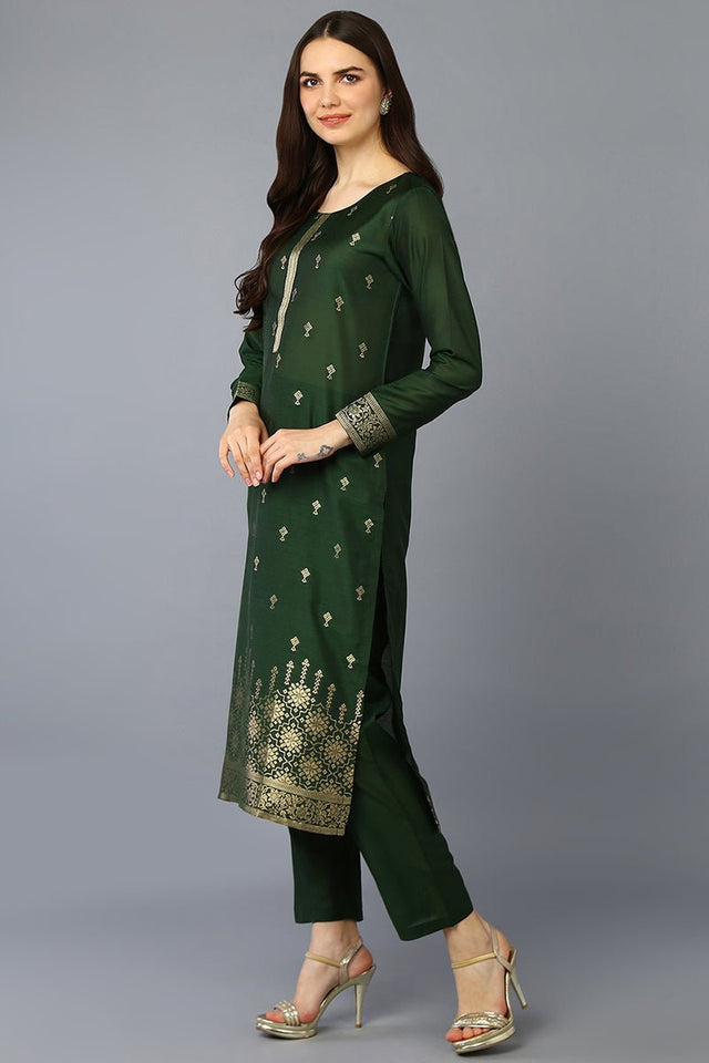 Green Silk Blend Ethnic Motifs Straight Suit Set