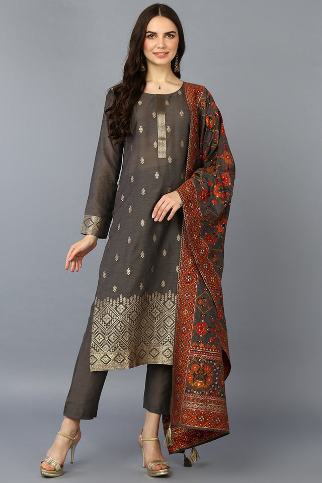 Grey Silk Blend Ethnic Motifs Straight Suit Set
