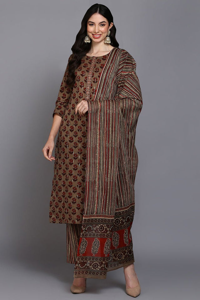 Brown Cotton Printed Straight Kurti Pant With Dupatta