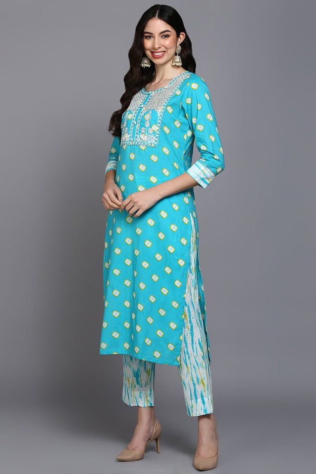 Cotton Blue Bandhani Printed Straight Kurti Pant With Dupatta