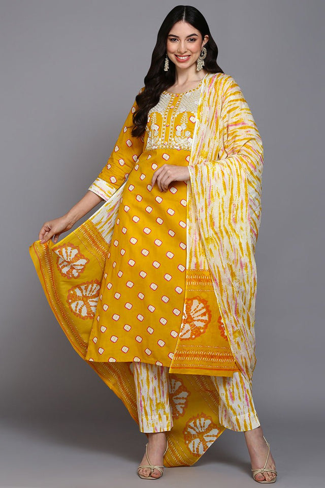 Cotton Yellow Bandhani Printed Straight Kurti Pant With Dupatta