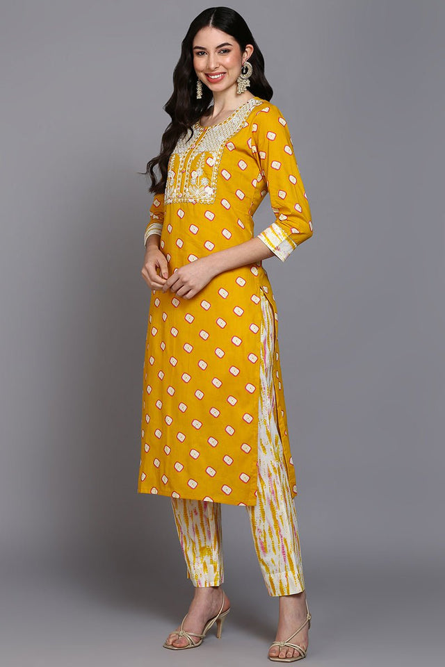 Cotton Yellow Bandhani Printed Straight Kurti Pant With Dupatta