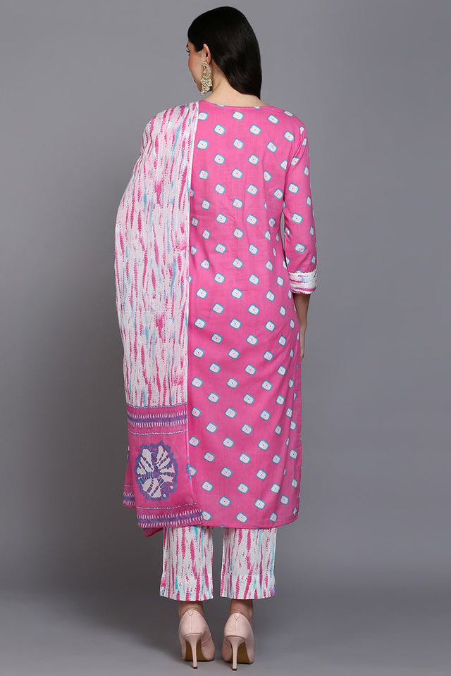 Cotton Pink Bandhani Printed Straight Kurti Pant With Dupatta