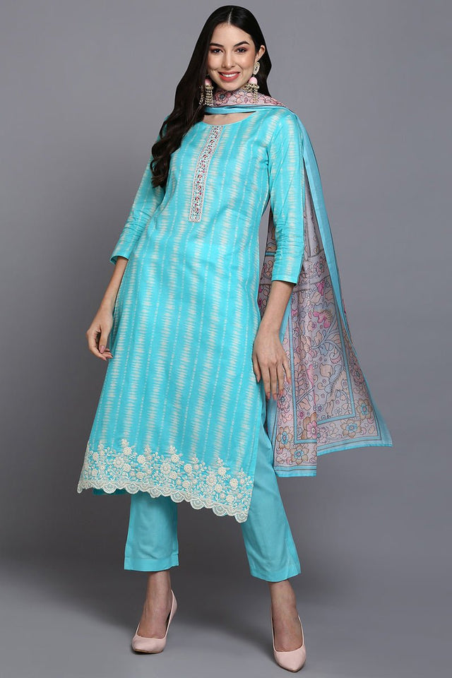 Rayon Turquoise Blue Printed Straight Kurti Pant With Dupatta