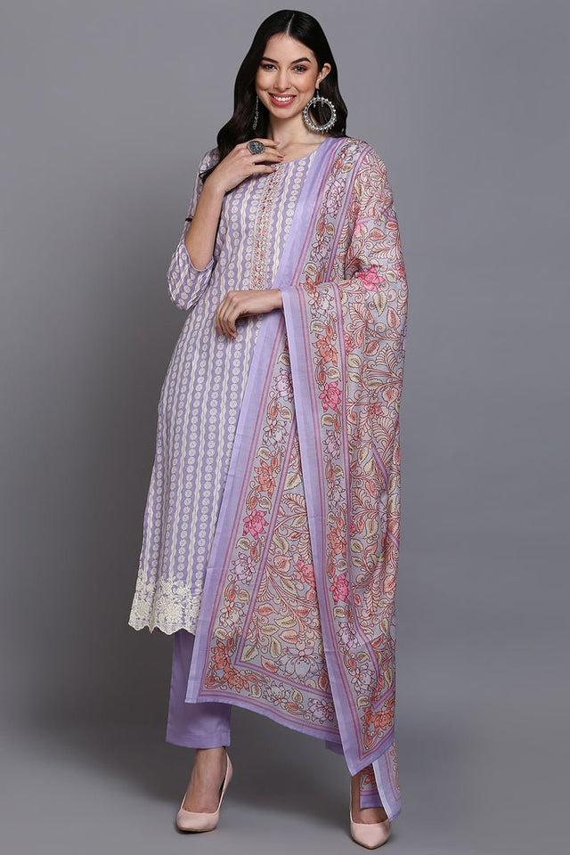 Rayon Lavender Printed Straight Kurti Pant With Dupatta
