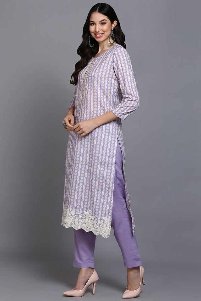 Rayon Lavender Printed Straight Kurti Pant With Dupatta