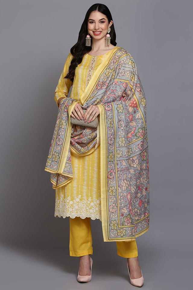 Rayon Yellow Printed Straight Kurti Pant With Dupatta