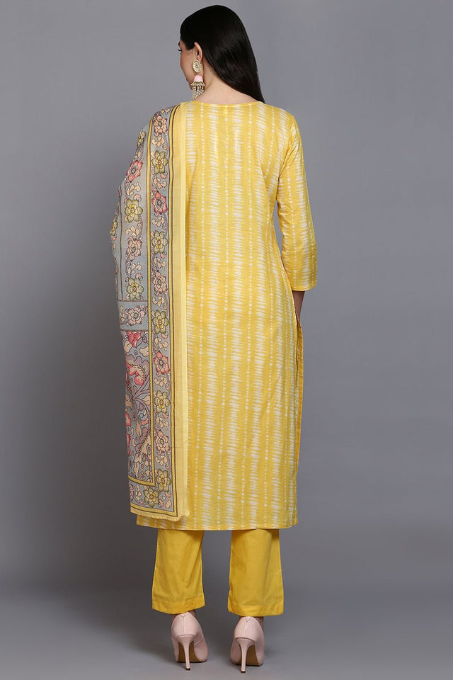 Rayon Yellow Printed Straight Kurti Pant With Dupatta