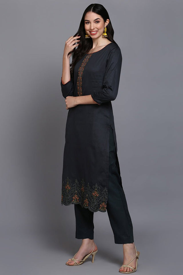 Cotton Grey Embroidered Straight Kurti Pant With Dupatta