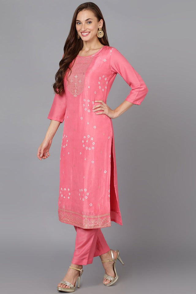 Pink Silk Blend Bandhani Printed Straight Suit Set