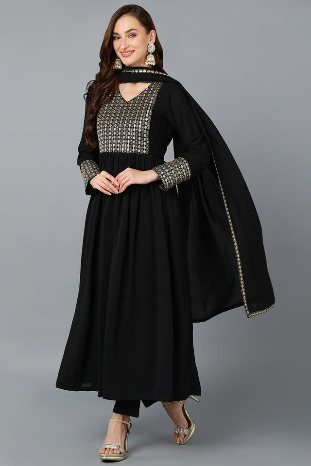 Black Georgette Sequined Flared Suit Set