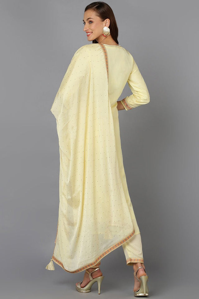 Yellow Silk Blend Ethnic Motifs Straight Suit Set