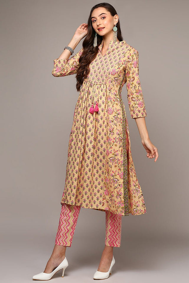 Cream Cotton Printed Flared Suit Set (N2ZVKSKD1966-S)