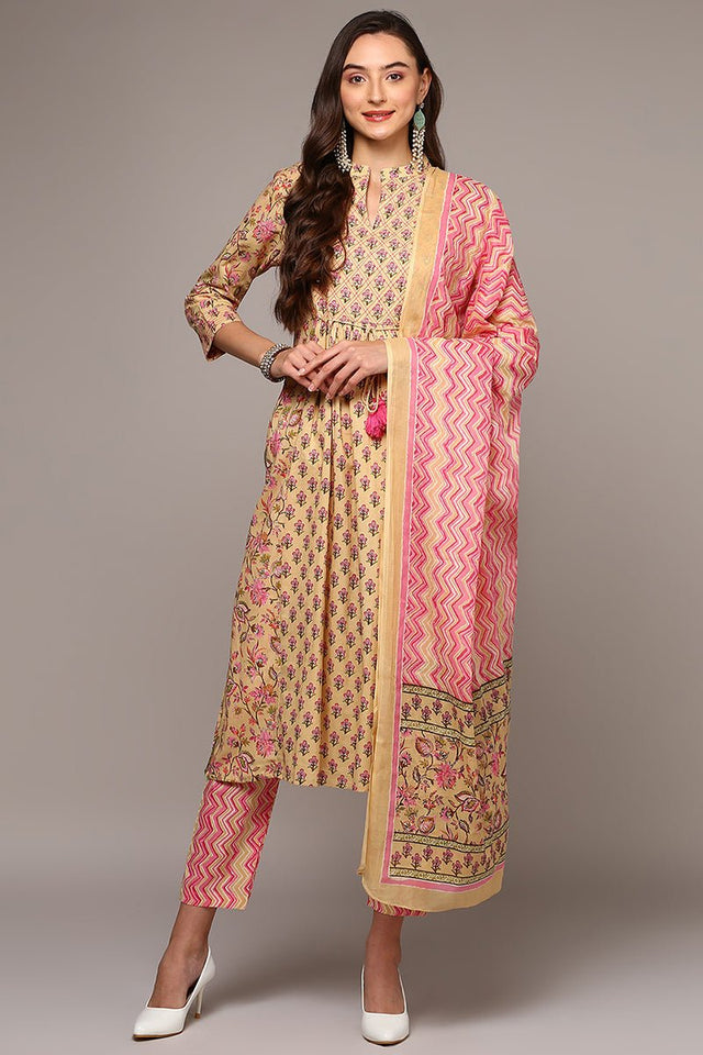 Cream Cotton Printed Flared Suit Set (N2ZVKSKD1966-S)