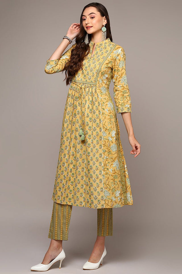Yellow Cotton Printed Flared Suit Set