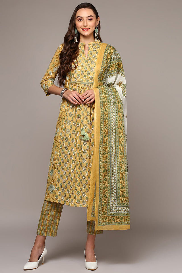 Yellow Cotton Printed Flared Suit Set