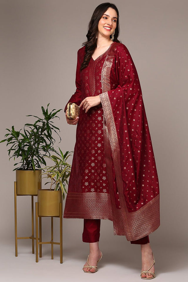 Red Poly Chanderi Woven Design Straight Suit Set