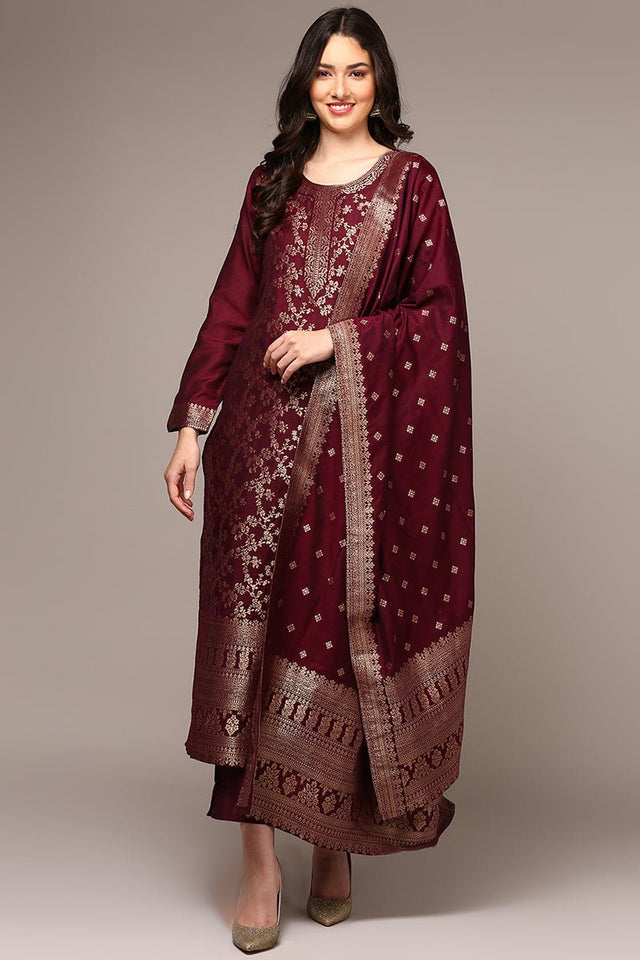 Maroon Poly Chanderi Woven Design Straight Suit Set (N2ZPKSKD1976-S)